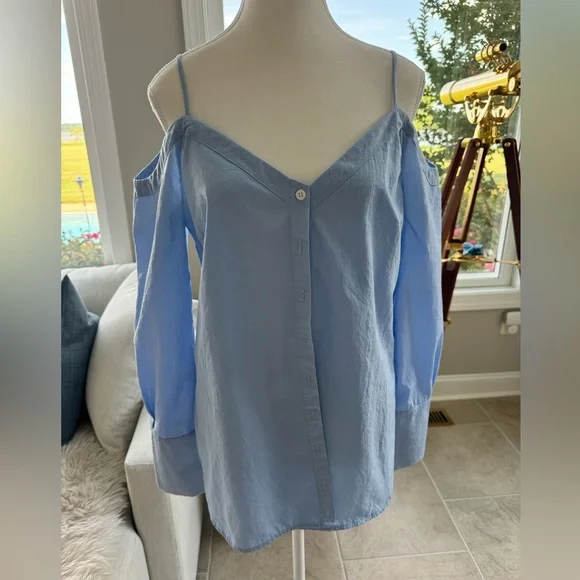 Lulus Work From Home Light Blue Poplin Button-Down Off-the-Shoulder Top Sz M - Picture 2 of 12